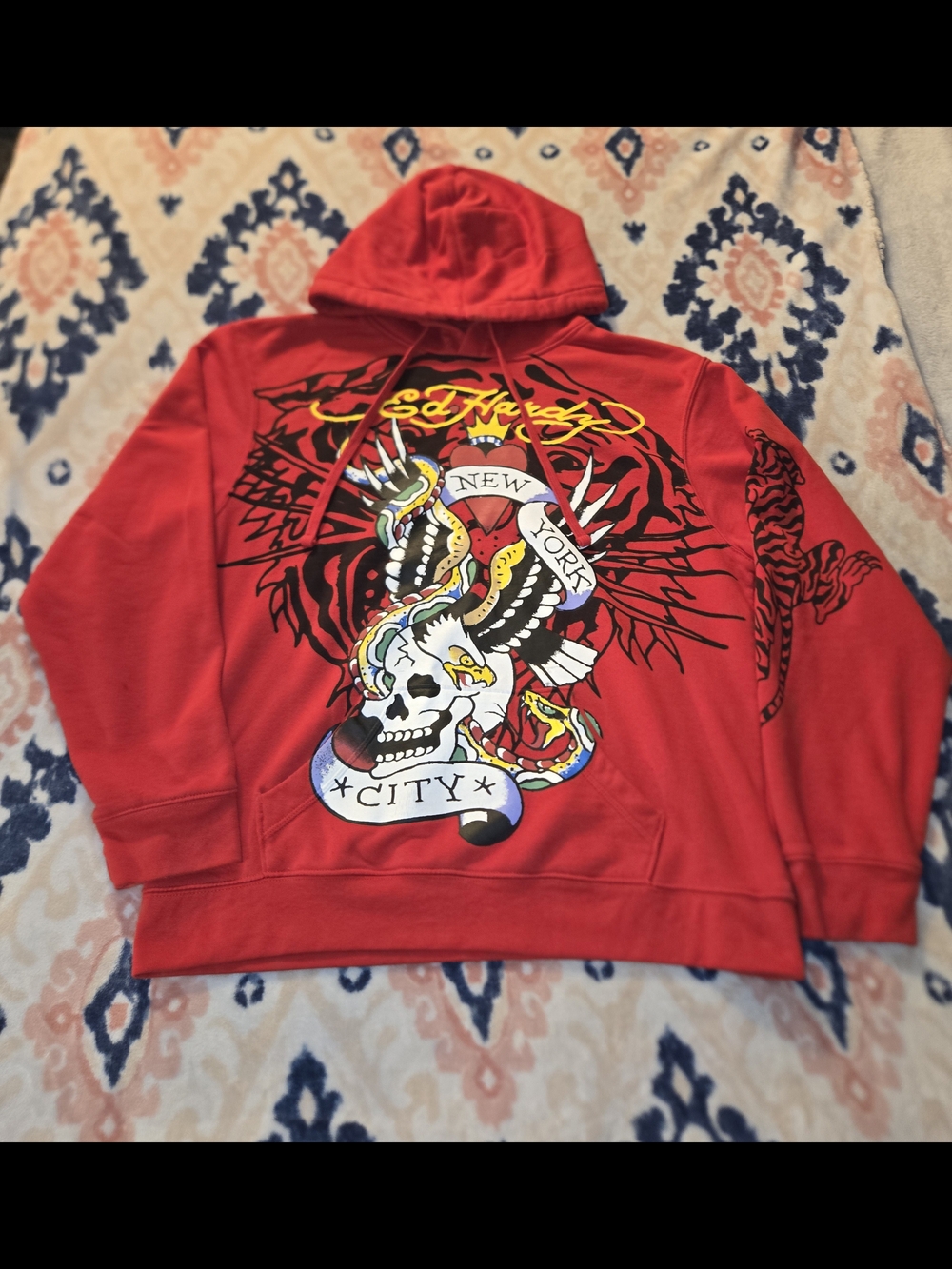 Ed Hardy Red Graphic Zip-Up Hoodie with Skull & Snake